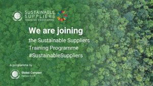 Aerial view of a lush green forest with overlay text: "We are joining the Sustainable Suppliers Training Programme #SustainableSuppliers," by Global Compact Network UK.