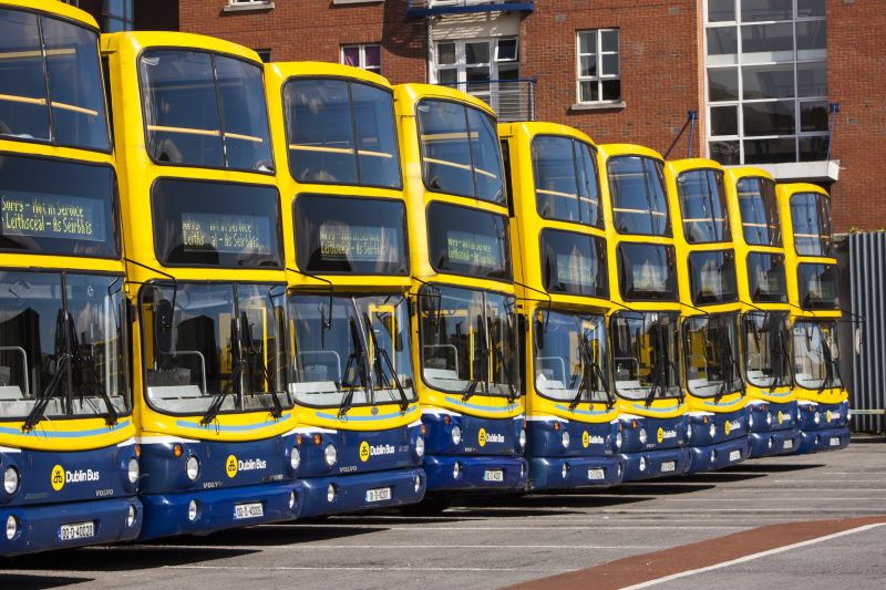 A row of bright yellow and blue double-decker buses parked in a lot. Sunlight highlights the bus windows, with red brick buildings in the background.