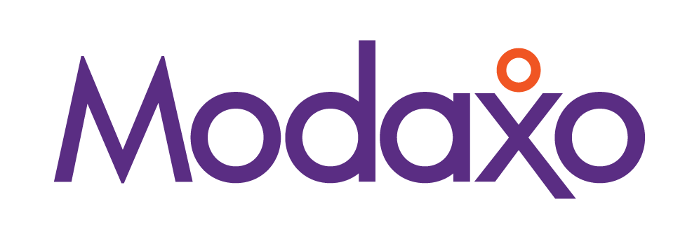Logo displaying the word 'Modaxo' in bold purple letters. The letter 'o' features a small orange dot above it.