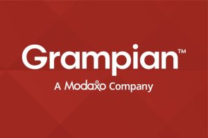 Logo with "Grampian" in bold white text and "A Modaxo Company" beneath on a red geometric background, conveying a professional tone.
